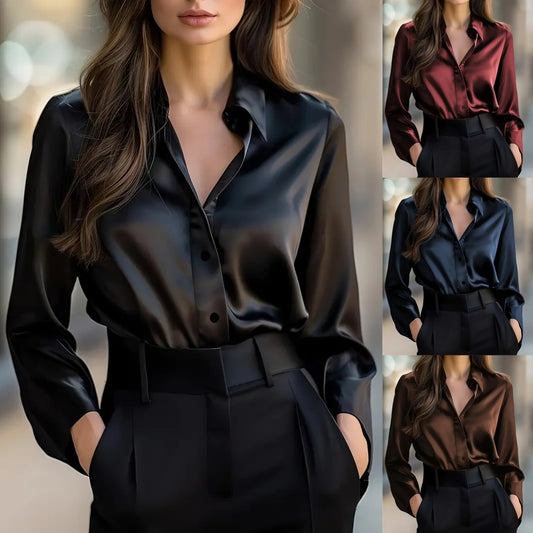 Elegant Satin Long Sleeve Blouse For Women Button-Up Collar Shirt Perfect For Casual Professional Business Work Wear Women's Clothing