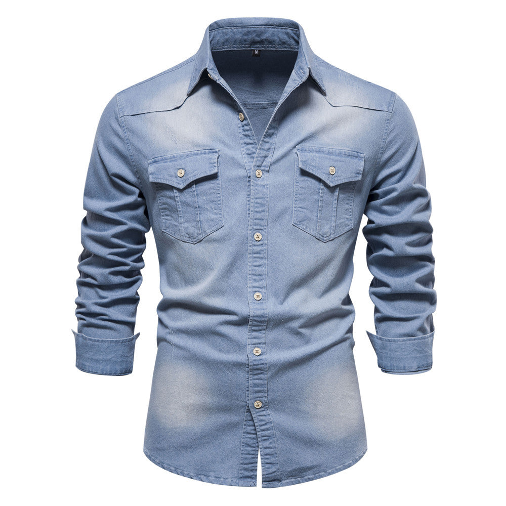 Men's Long-sleeved Denim Shirt Casual Solid Button Slim Tops Clothing