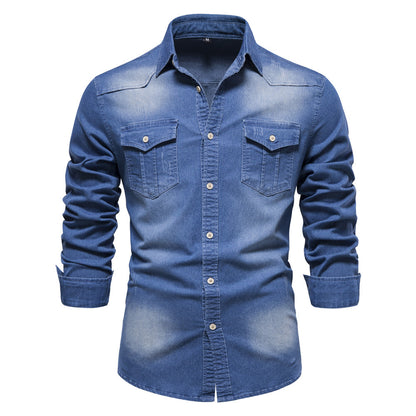 Men's Long-sleeved Denim Shirt Casual Solid Button Slim Tops Clothing