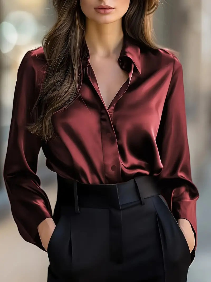 Elegant Satin Long Sleeve Blouse For Women Button-Up Collar Shirt Perfect For Casual Professional Business Work Wear Women's Clothing