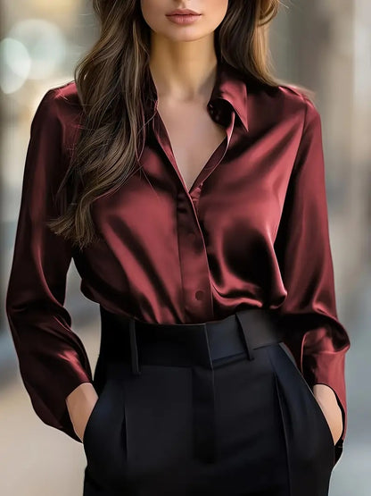 Elegant Satin Long Sleeve Blouse For Women Button-Up Collar Shirt Perfect For Casual Professional Business Work Wear Women's Clothing
